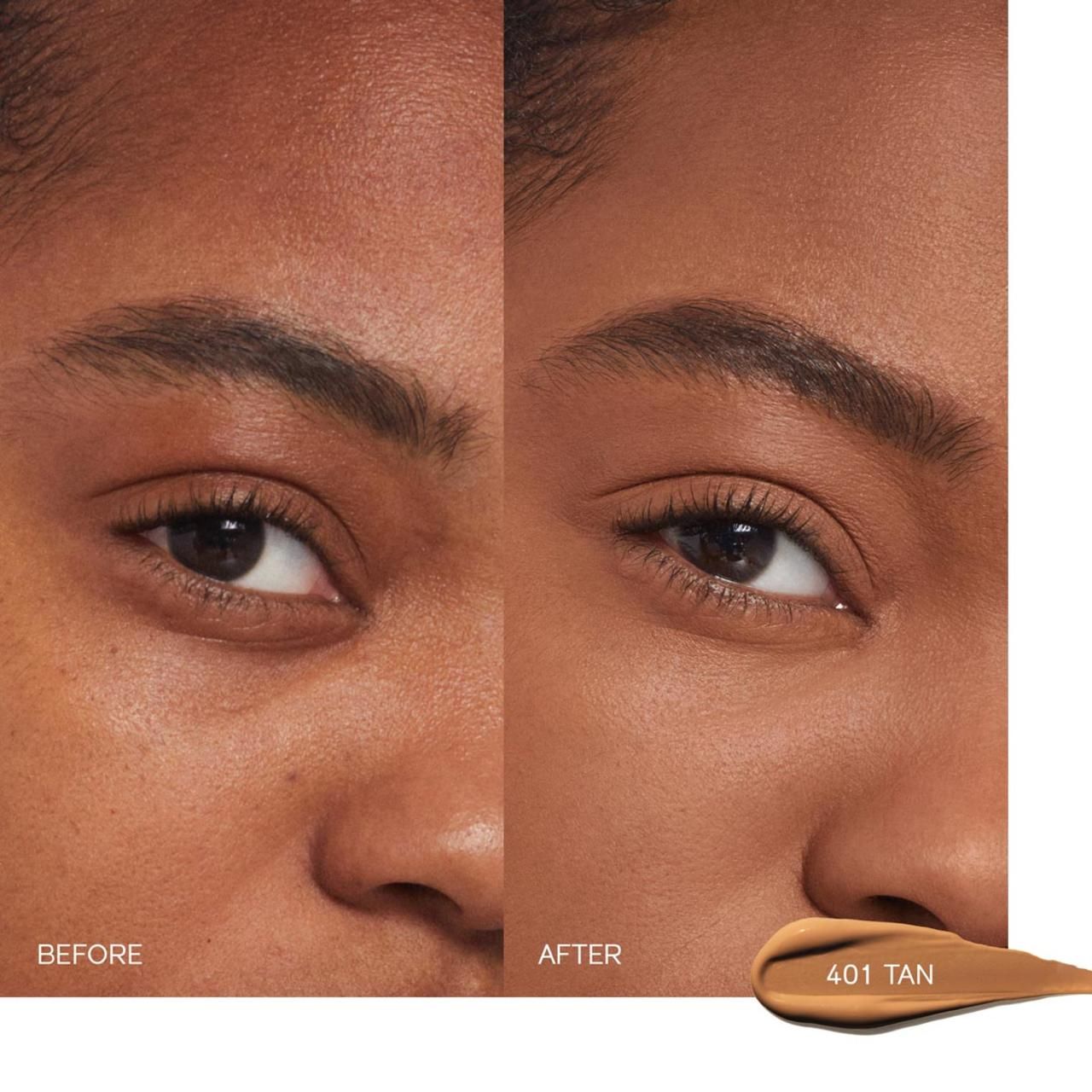 Vorher-Nachher-Vergleich. Gesicht mit und ohne Concealer. Farbton 401 TAN.