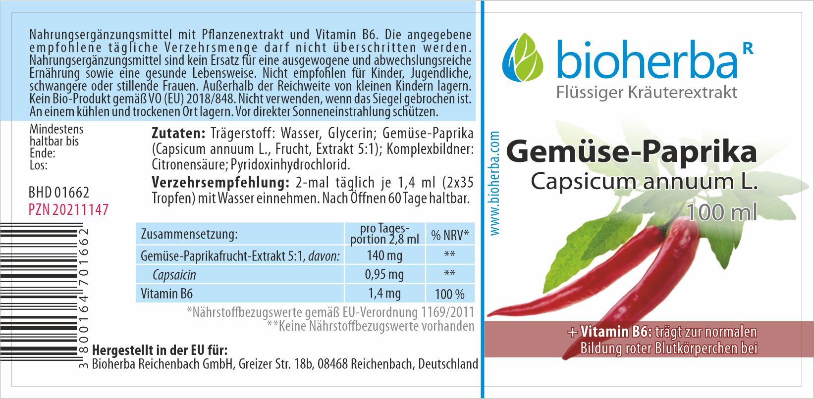Bioherba Gemüse-Paprika Capsicum annuum L. Tropfen Tinktur