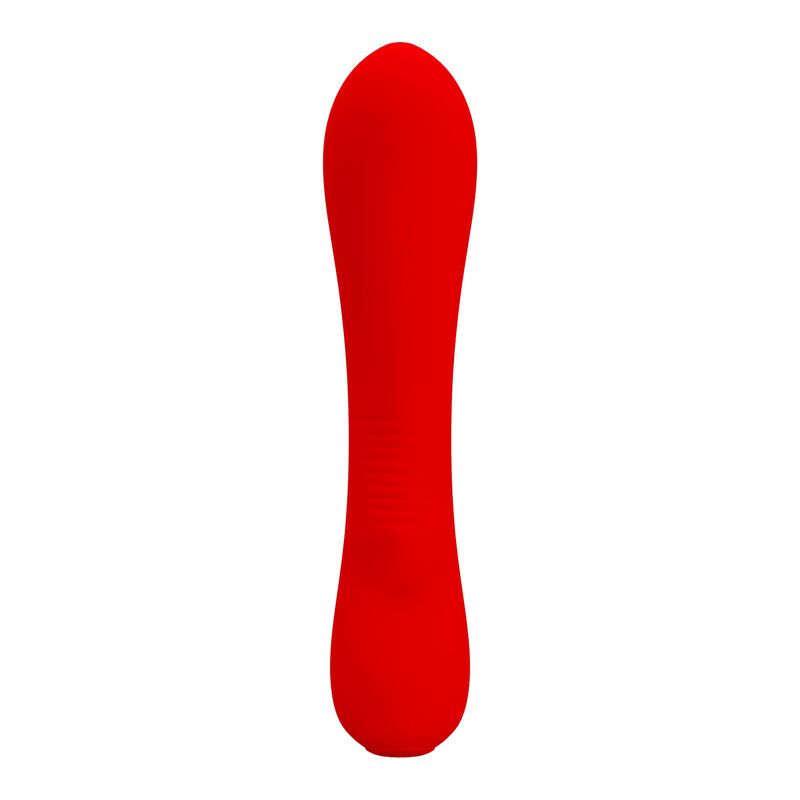 Roter Vibrator mit länglicher Form. Die Form ist an beiden Enden abgerundet und in der Mitte leicht verengt.