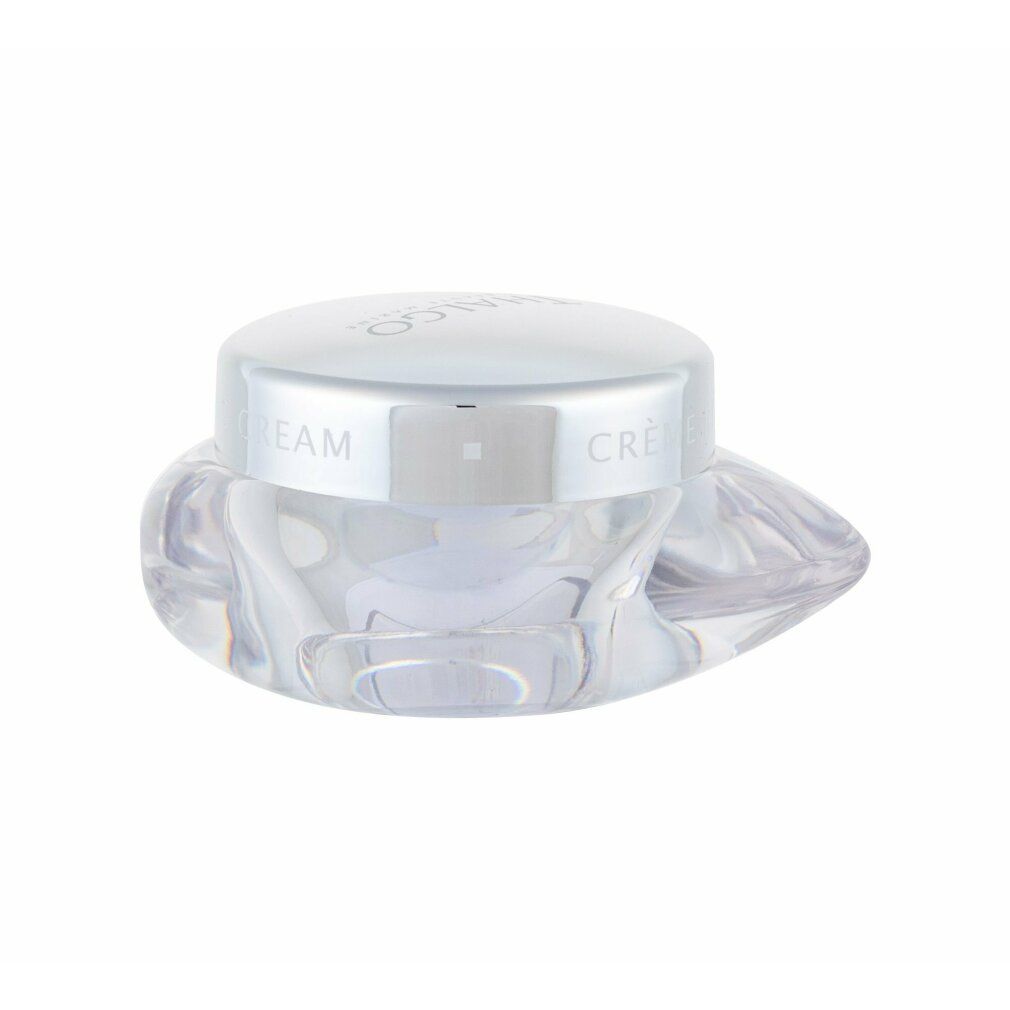 Creme Tiegel mit silbernem Deckel und Glaskörper, von der Seite.