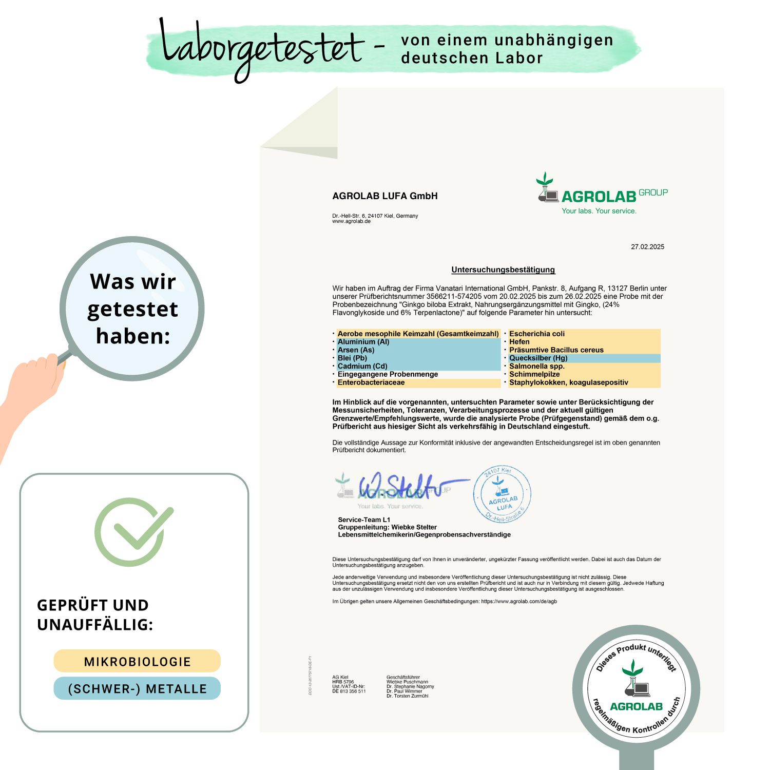 Laborbericht von AGROLAB LUFA GmbH. Ergebnisse der Analyse von Ginkgo Biloba Extrakt.