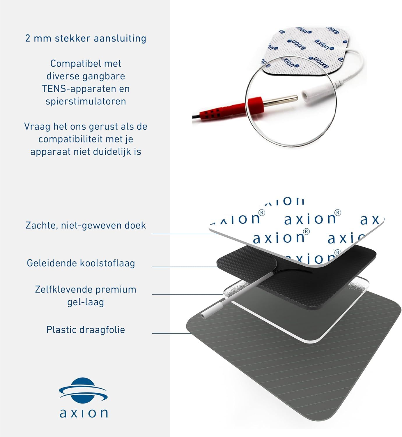 Elektrode met 2 mm connector. Zachte isolatielaag, geleidende carbonlaag, zelfklevende premium gellaag.