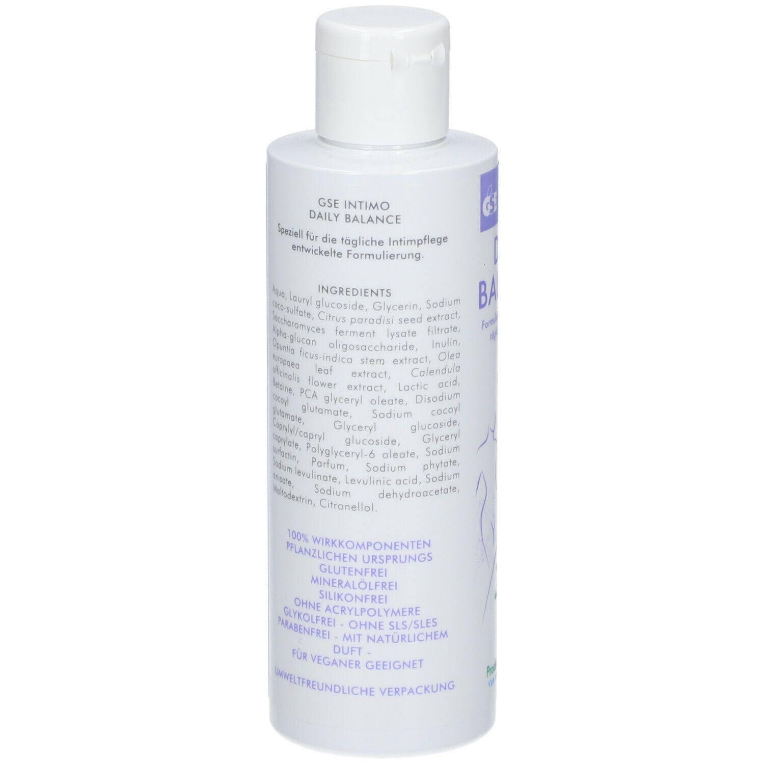 Weiße Flasche mit Produktinformationen und Inhaltsstoffen. Text: GSE INTIMO DAILY BALANCE.