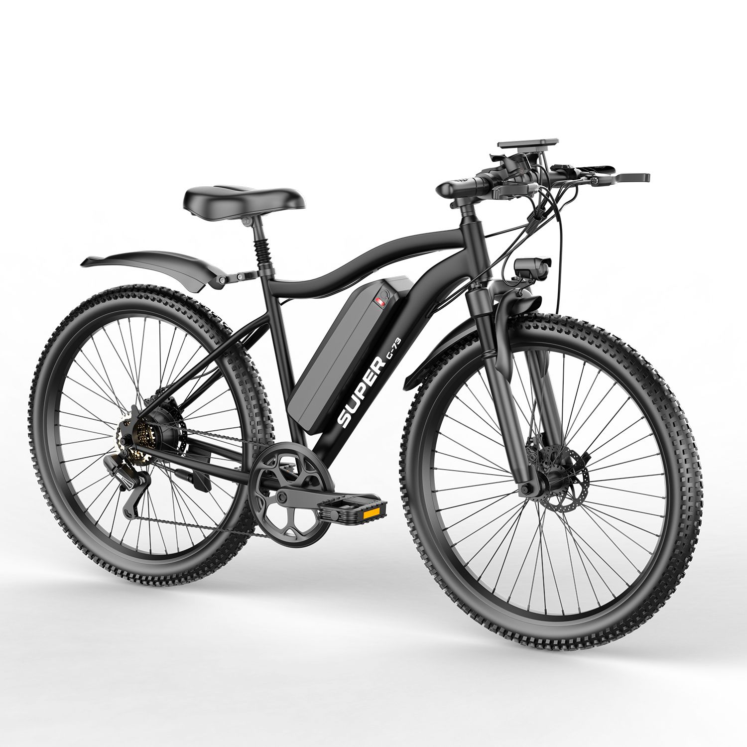 Schwarzes Elektrofahrrad mit abnehmbarem Akku. Sichtbare Details: Schutzbleche, Sattel, Pedale, Reifen.