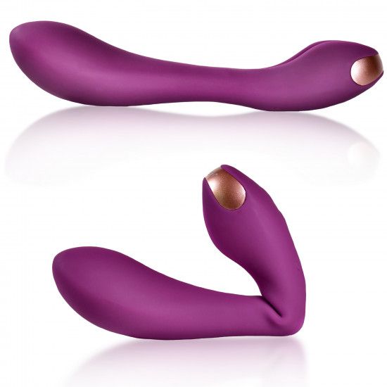 Zwei Ansichten eines lila Vibrators mit goldfarbenen Akzenten. Oben: gerade. Unten: gebogen.