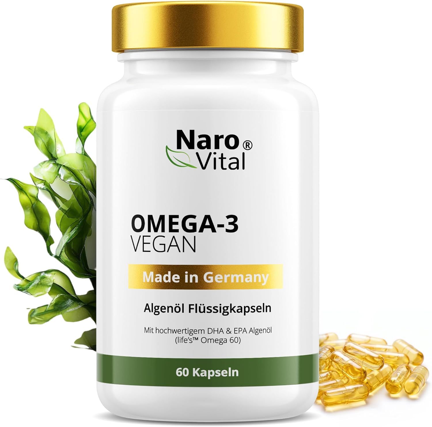 NaroVital Omega 3 Vegan hochdosiert 60 Kapseln Algenöl DHA & EPA rein pflanzlich ohne Fischgeschmack St