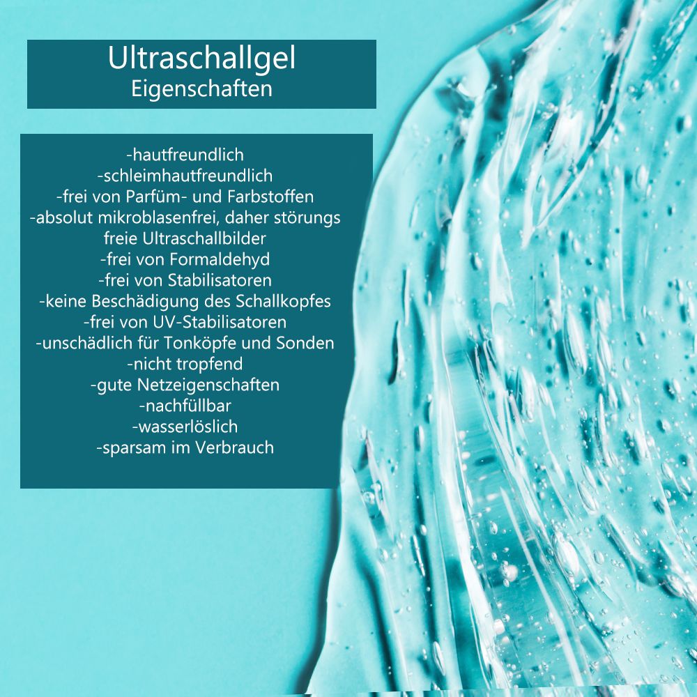 Liste der Eigenschaften von Ultraschallgel: hautfreundlich, schleimhautfreundlich, parfümfrei.