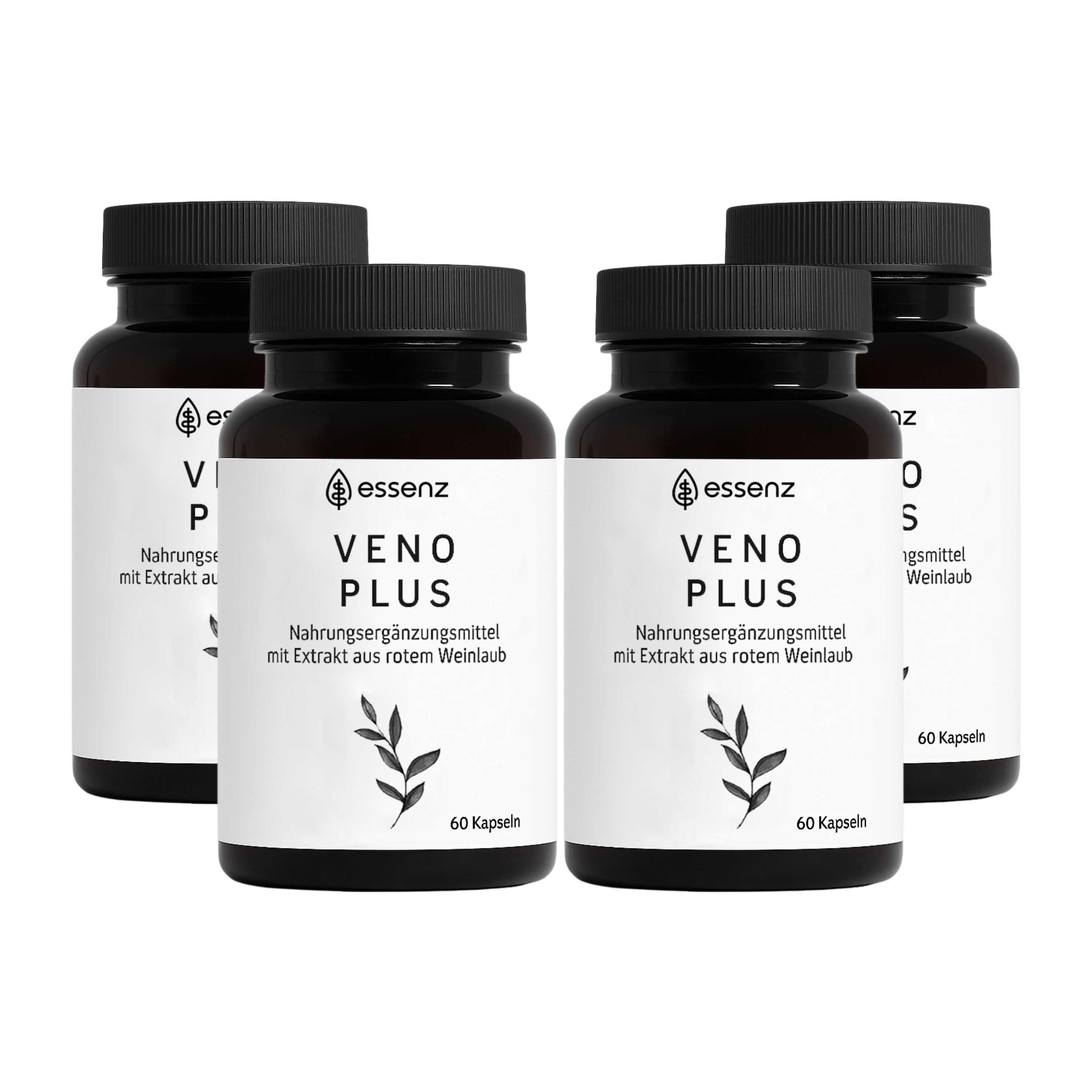 Vier Flaschen ESSENZ VENO PLUS, 60 Kapseln. Schwarze Deckel, weiße Etiketten mit Produktinformationen und Logo.