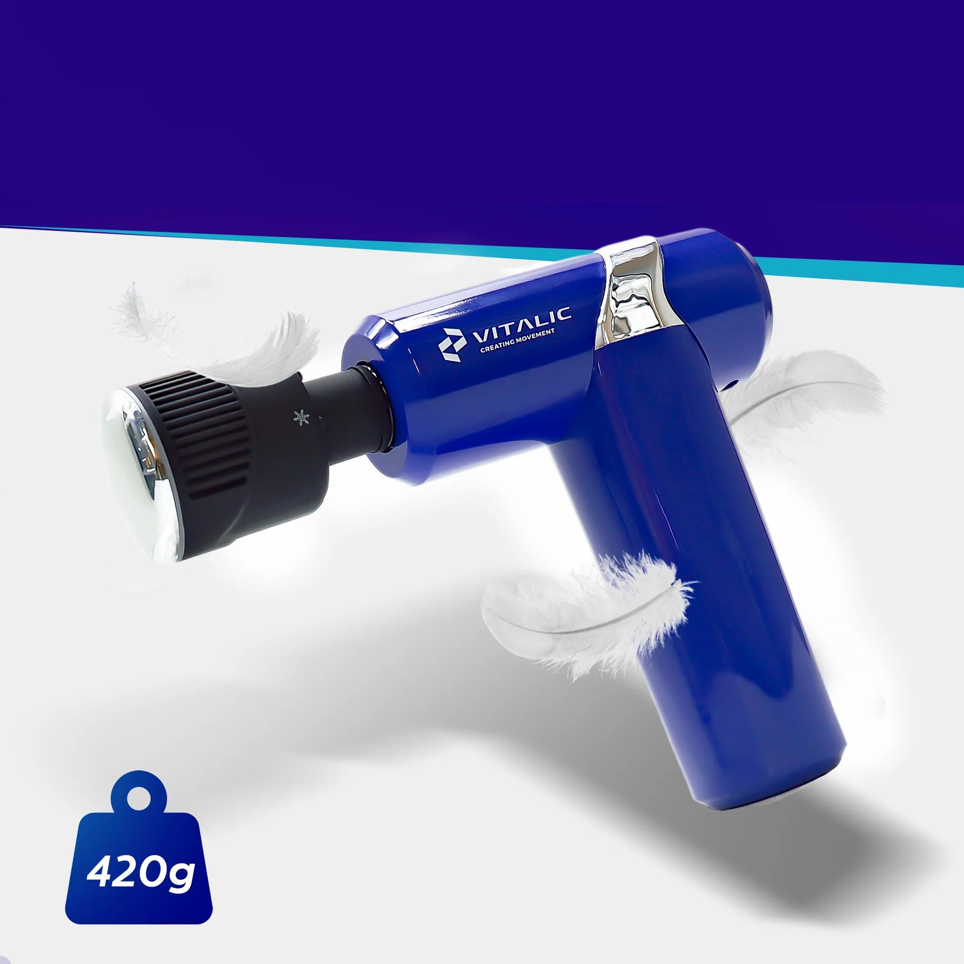Blaues Massagegerät mit schwarzem Kopf, Gewichtsanzeige 420g. VITALIC-Logo sichtbar.