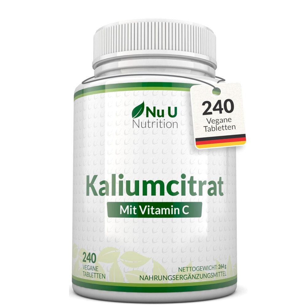 Weiße Flasche mit "Nu U Nutrition" und "Kaliumcitrat Mit Vitamin C" Aufschrift. 240 Tabletten. Vegan.