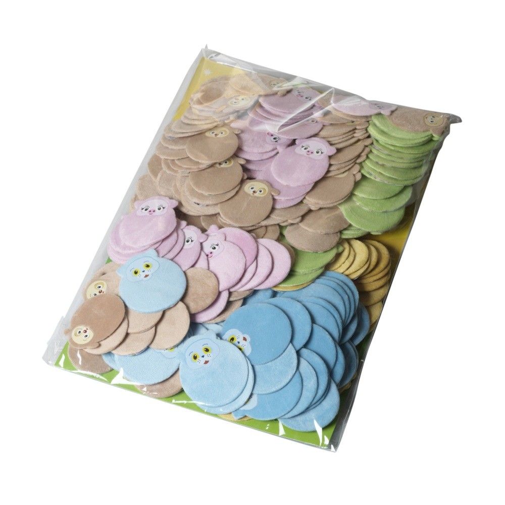 Großpackung Kuscheltroststicker in transparenter Verpackung. Viele runde Sticker in verschiedenen Farben und mit Tiergesichtern.