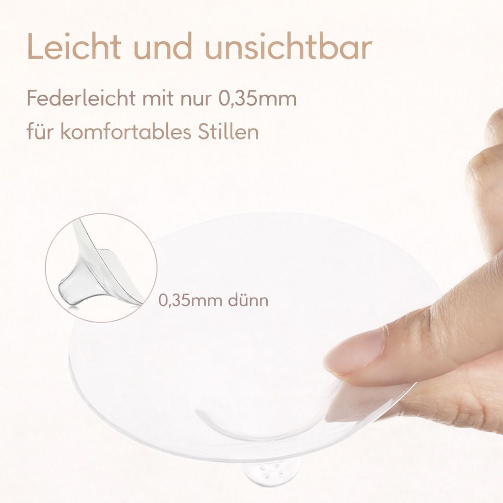 Stillhütchen, Text: Leicht und unsichtbar. Federleicht mit nur 0,35mm für komfortables Stillen. 0,35mm dünn.