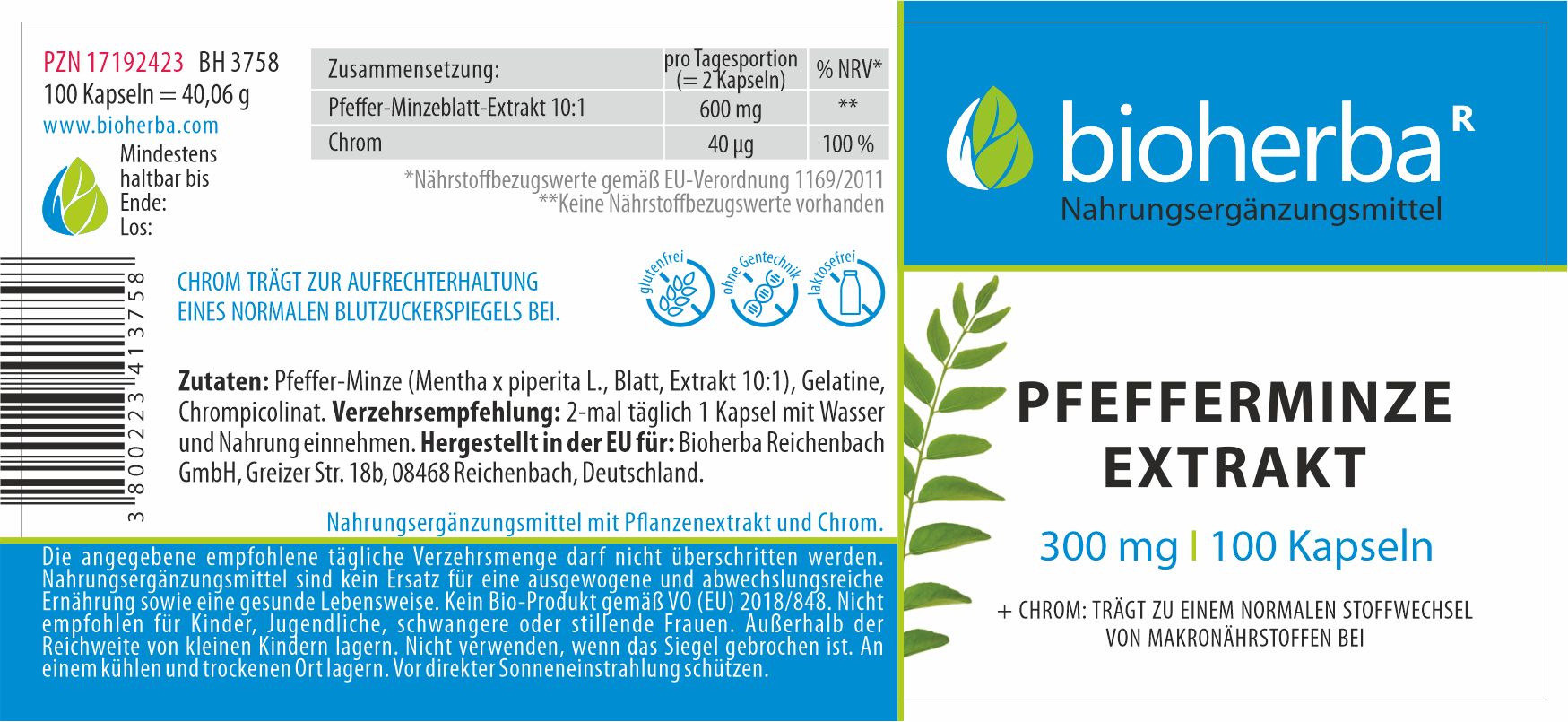Pfefferminze Extrakt 300 mg 100 Kapseln  PZN 17192423