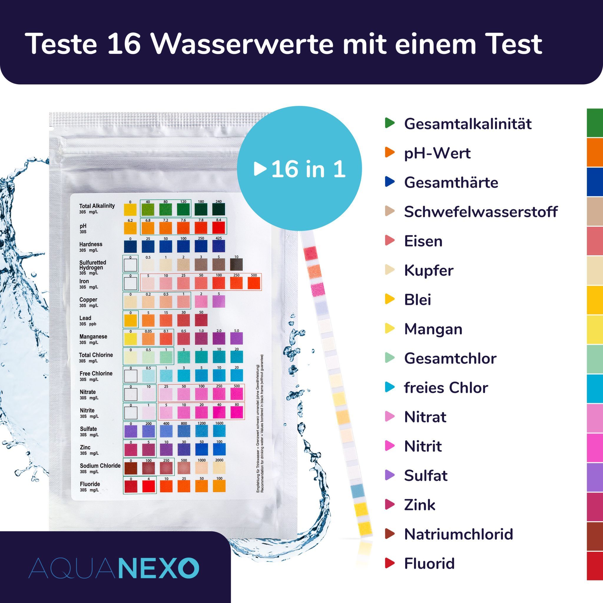 Aquanexo Trinkwasser Teststreifen  50 st. - 16 Werte messbar