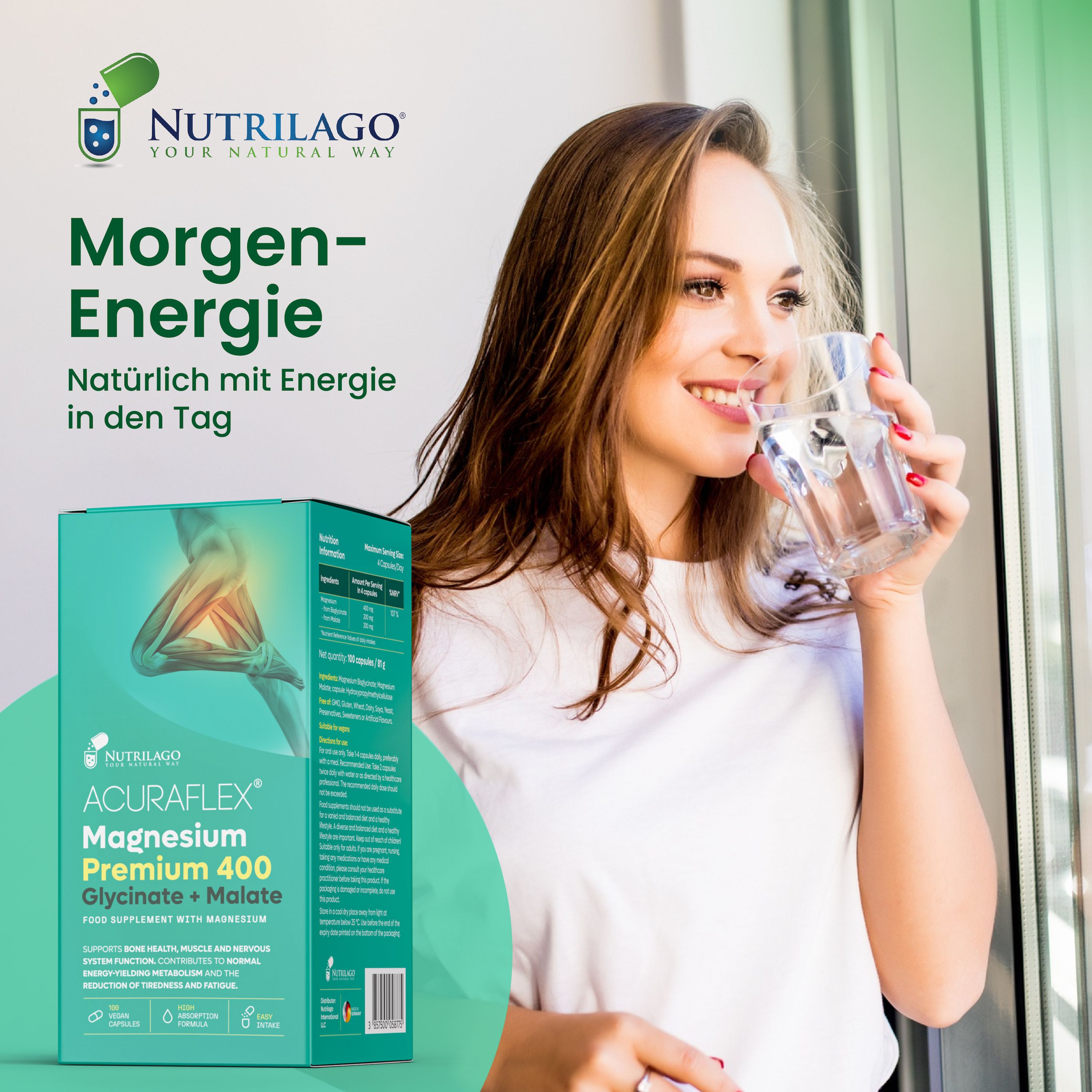 Frau trinkt Wasser. Neben ihr eine Schachtel ACURAFLEX® Magnesium Premium 400. Aufschrift: Magnesium Glycinat + Malat. Grün-weißes Design.
