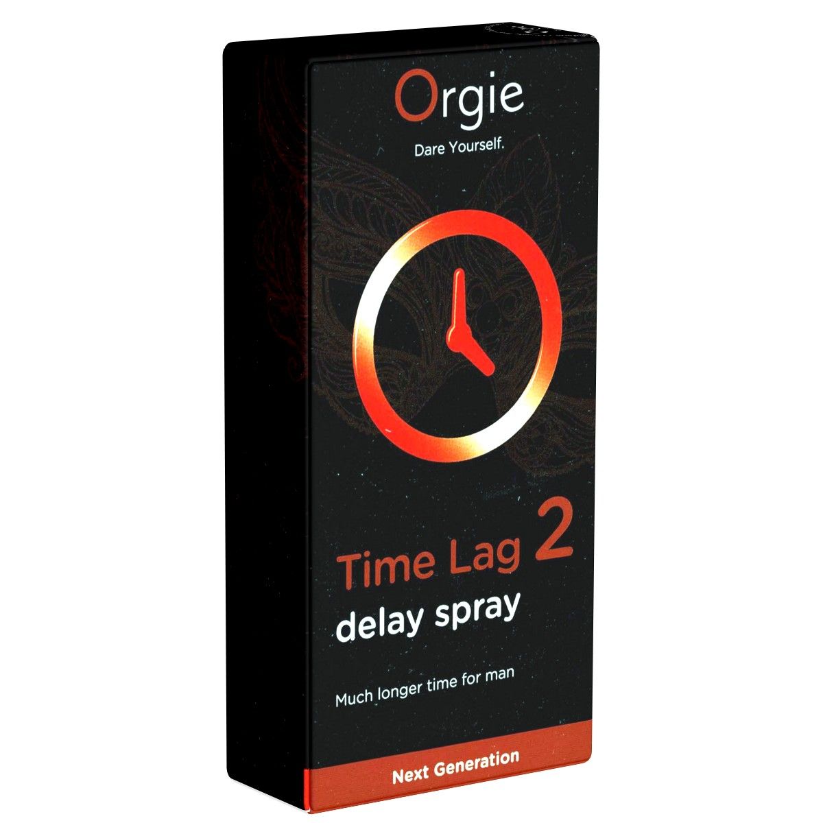 Schwarze Verpackung mit Produktnamen und Logo. Roter Kreis mit Uhrsymbol. Text: Time Lag 2 delay spray.