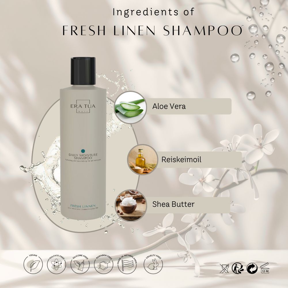 Beige Shampoo-Flasche mit schwarzem Deckel. Text: Era Tua, Daily Moisture Shampoo, Fresh Linen. Inhaltsstoffe: Aloe Vera, Reiskeimöl, Sheabutter.