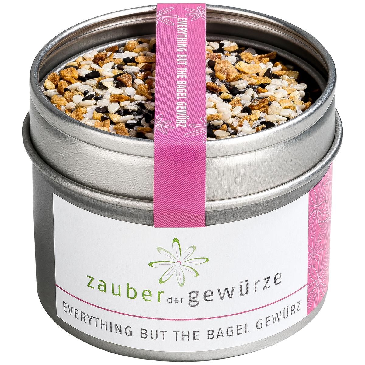 Runde Dose mit Gewürzmischung. Rosa Etikett mit Text: Zauber der Gewürze, Everything but the bagel Gewürz. Deckel mit Text.