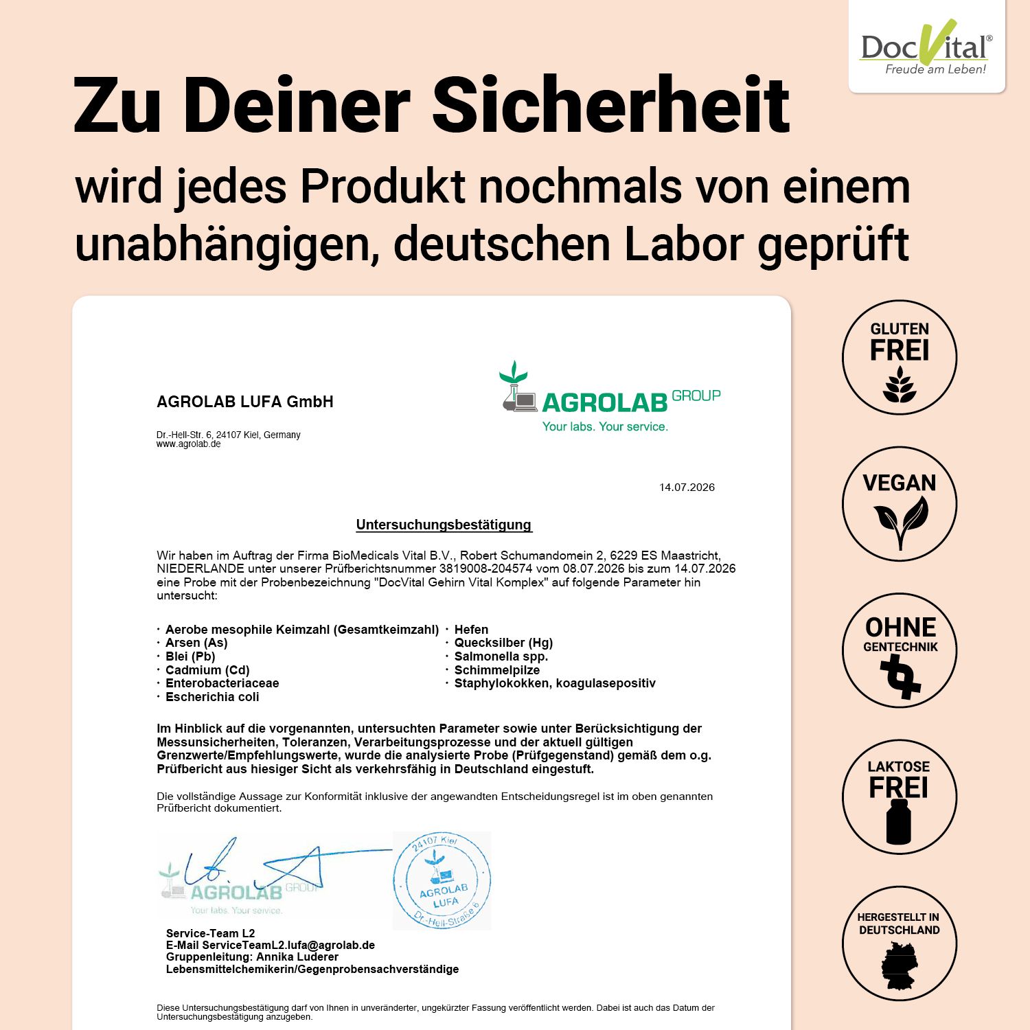 Laborbericht-Auszug, Siegel "Glutenfrei", "Vegan", "Ohne Gentechnik", "Laktosefrei".