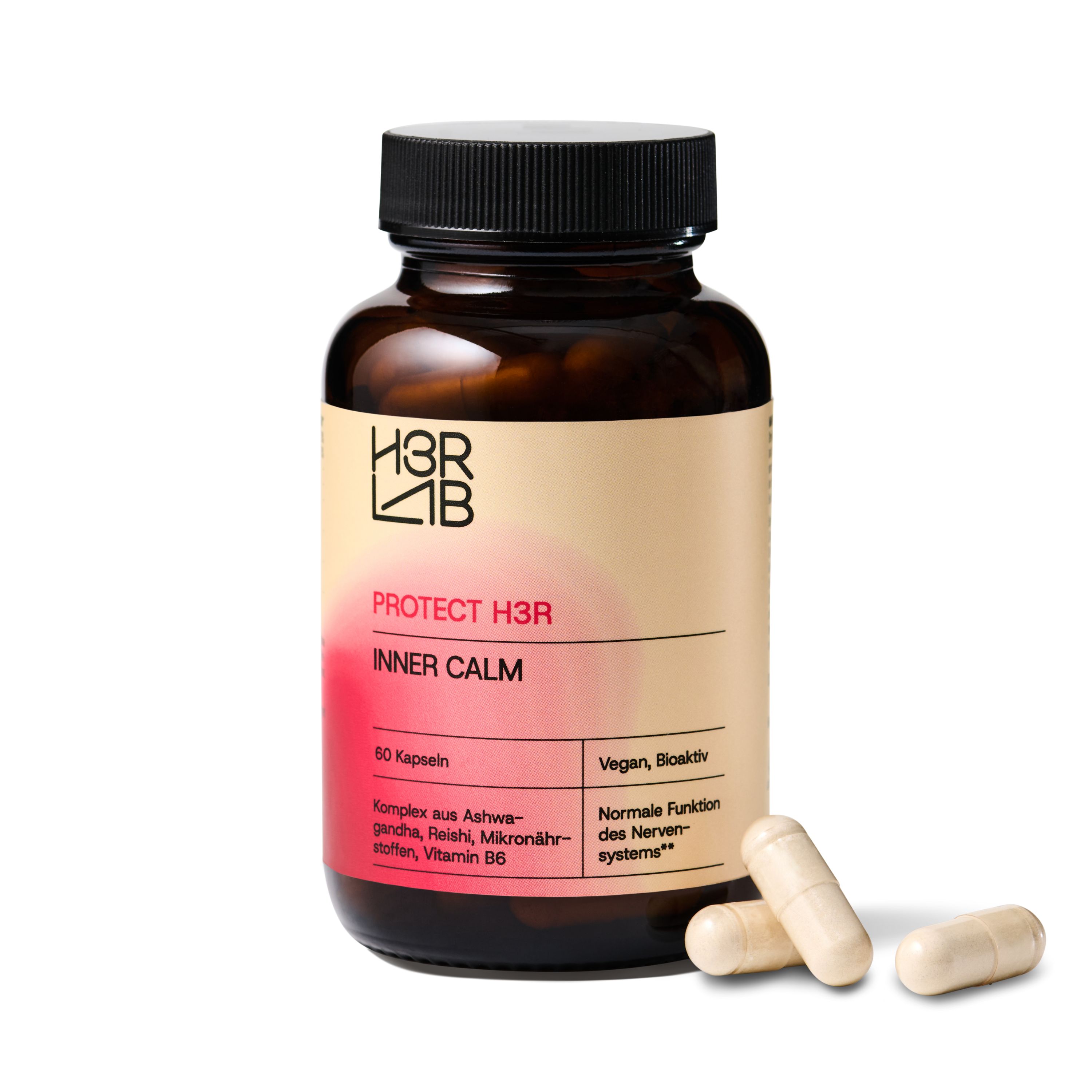 Braune Glasflasche mit Kapseln und drei Kapseln daneben. Text: H3R LAB, PROTECT H3R INNER CALM, 60 Kapseln, vegan.
