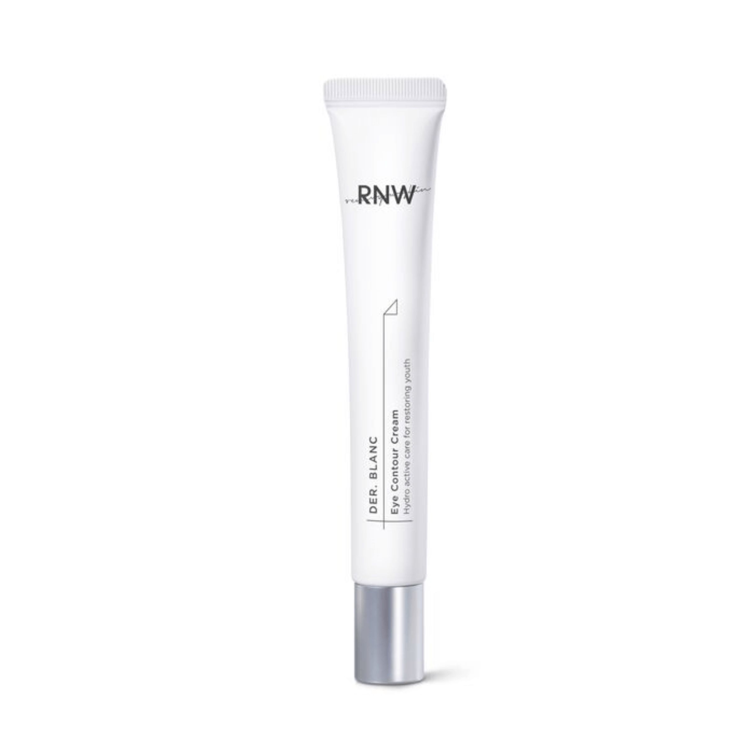 Weiße Tube mit silbernem Verschluss. Aufschrift: RNW, DER BLANC, Eye Contour Cream. Vertikale Ansicht.