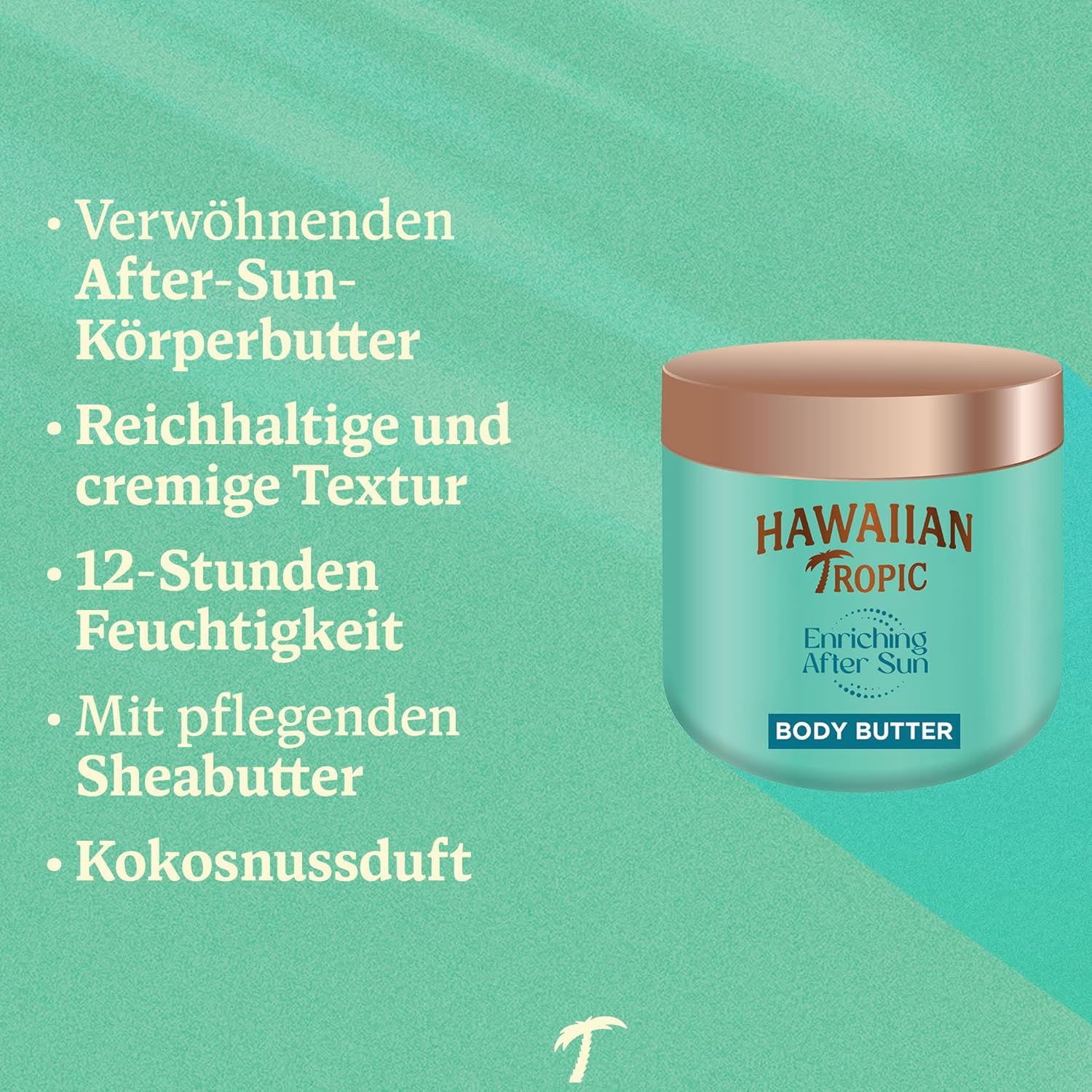 Türkisgrüner Tiegel mit goldfarbenem Deckel. Text: Verwöhnender After-Sun Körperbutter, reichhaltige Textur, 12h Feuchtigkeit.