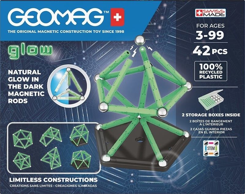 GEOMAG GLOW RECYCLED, 42-teiliges Konstruktionsspielzeug. Grüne Stäbe und silberne Kugeln. Verpackung mit Produktabbildung und Text.