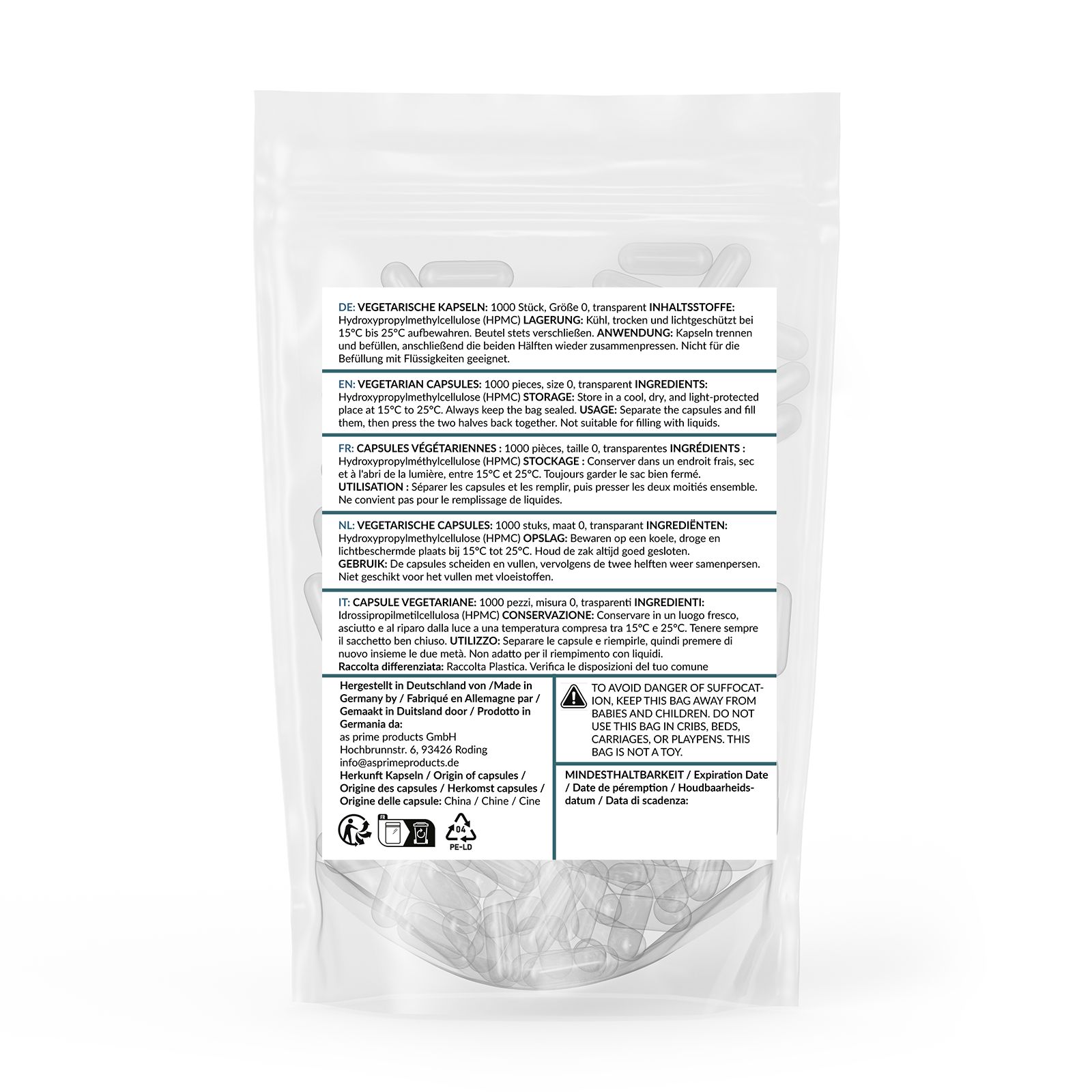Rückseite einer Verpackung mit veganen Kapseln. Text in Deutsch, Englisch, Französisch und Italienisch. Inhaltsstoffe, Anwendung, Lagerung.