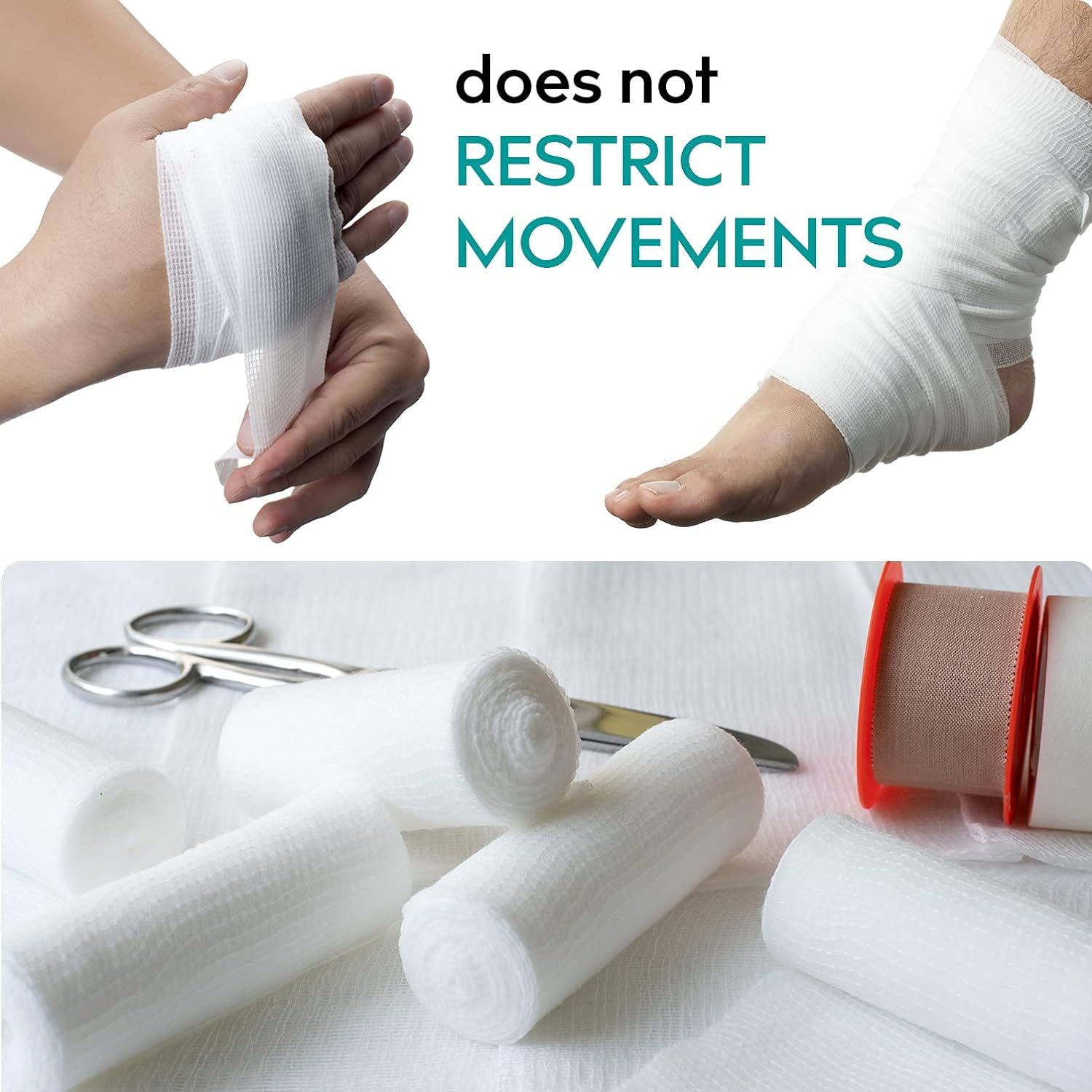 Le persone avvolgono la mano e il piede con bende elastiche bianche. Testo: 'does not RESTRICT MOVEMENTS'. Forbici.