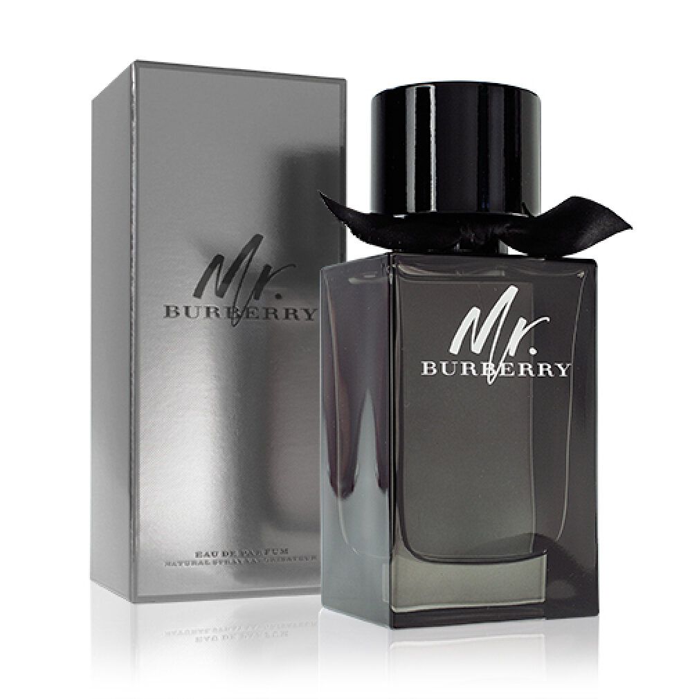 Dunkelgraue Flasche und Verpackung. Flasche mit schwarzem Deckel und Schleife. Logo "Mr. BURBERRY".