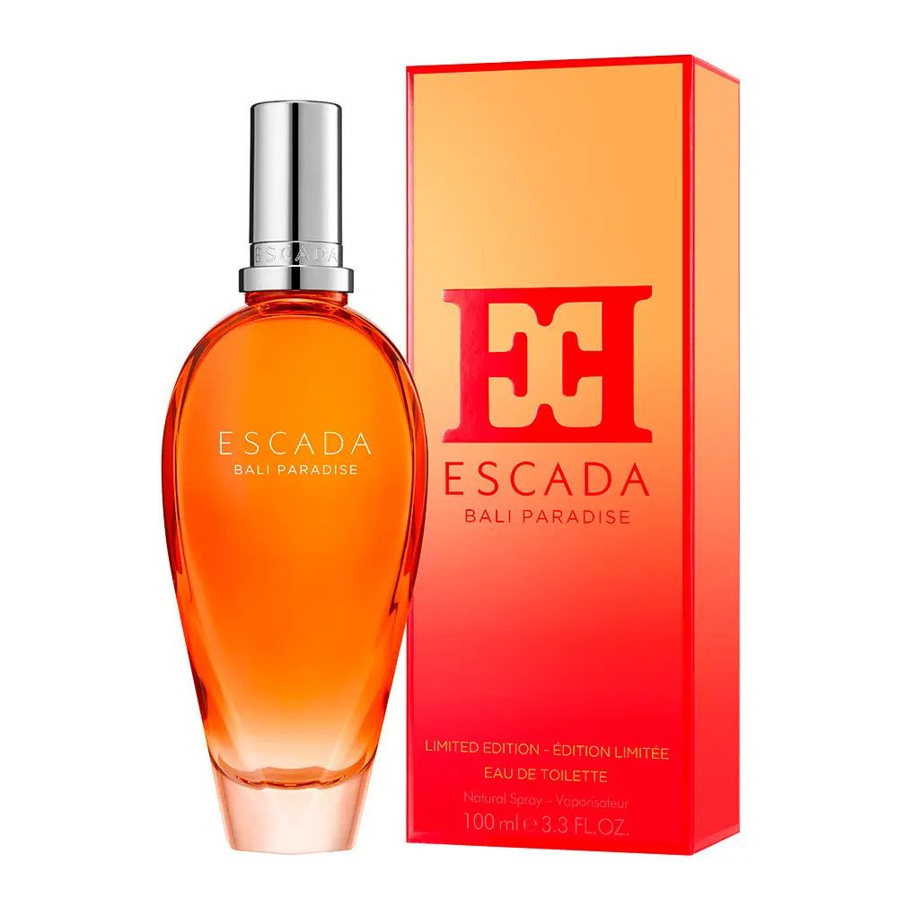 Escada Bali Paradise EdT Nat. Spray, Flakon und Verpackung. Orangefarbener Flakon, silberner Verschluss, rote Verpackung.