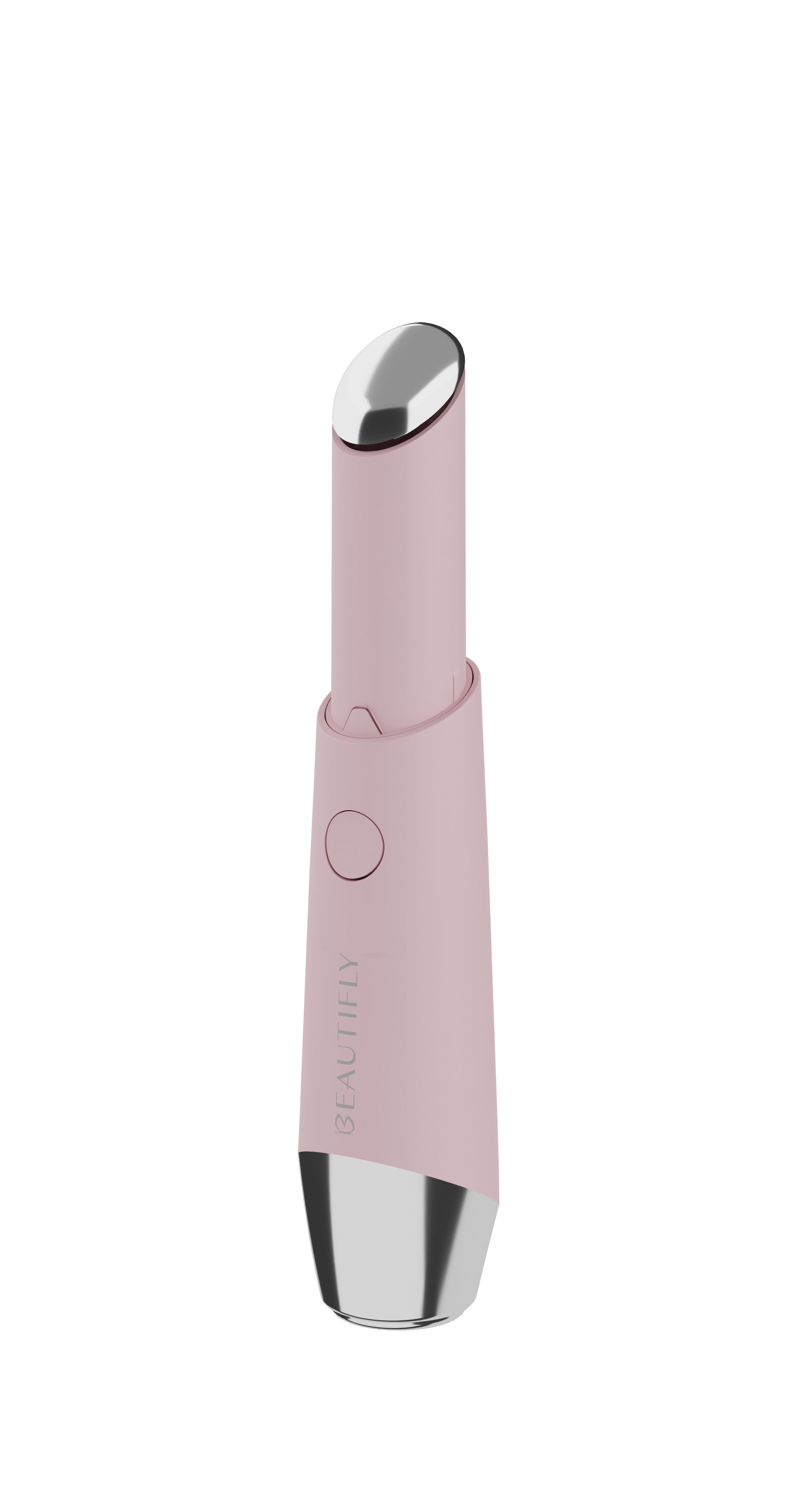 Rosa Gerät mit silbernen Enden und Knopf. Aufschrift BEAUTIFLY. LED-Lichttherapiegerät.