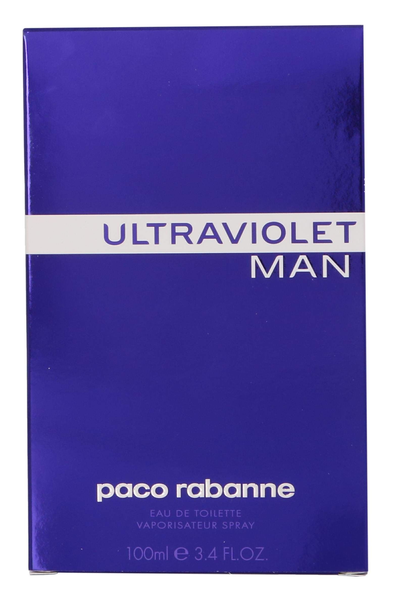 Blaue Verpackung mit weißem Streifen. Aufschrift: ULTRAVIOLET MAN, paco rabanne. Eau de Toilette. 100ml.