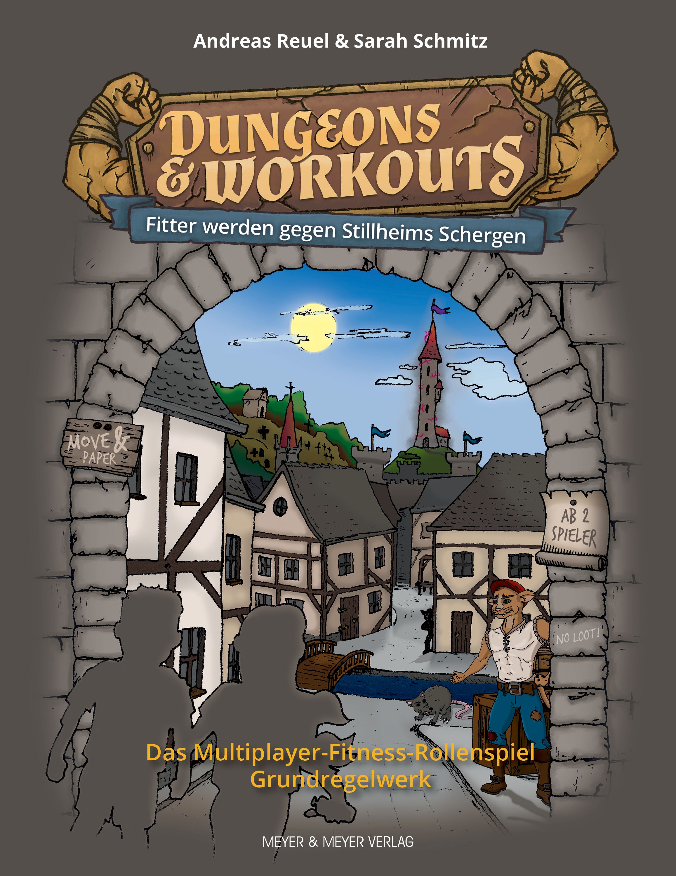 Buchcover: "Dungeons & Workouts". Titel in Holzschild-Optik. Illustration einer Stadt mit Burg. Autoren: Andreas Reuel & Sarah Schmitz. Verlag: Meyer & Meyer.