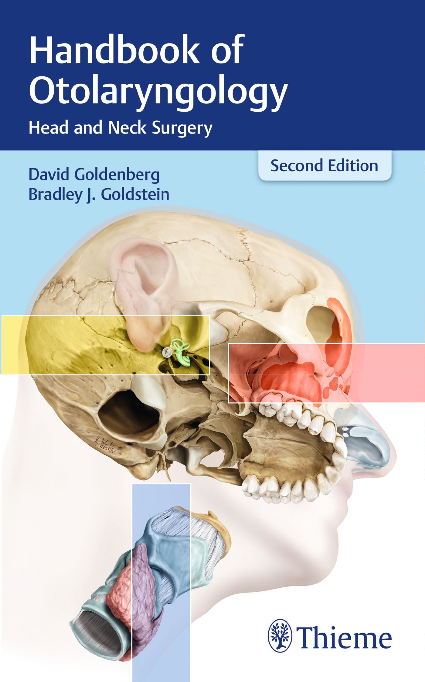 Buchcover: Handbook of Otolaryngology. Titel, Autoren, zweite Auflage. Illustration eines Schädels.