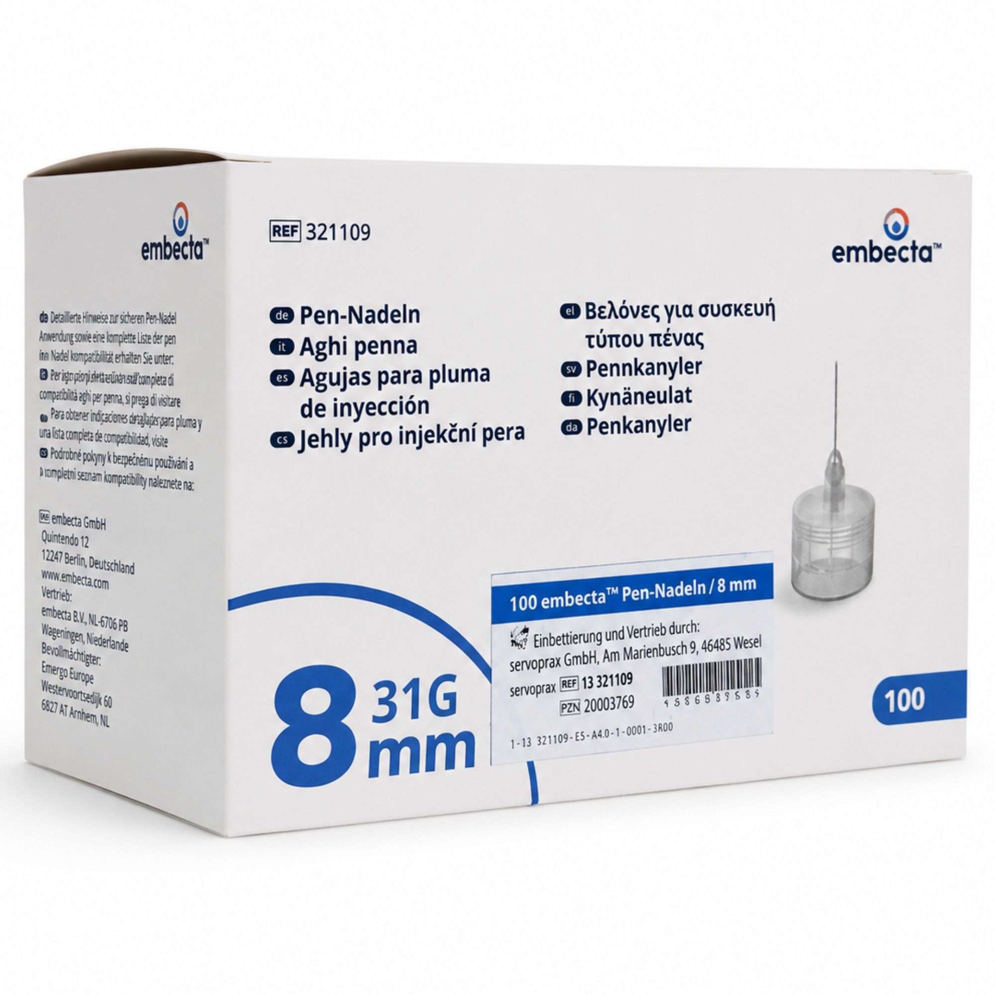 Packung mit 100 embecta Pen-Nadeln, 8mm, 31G.