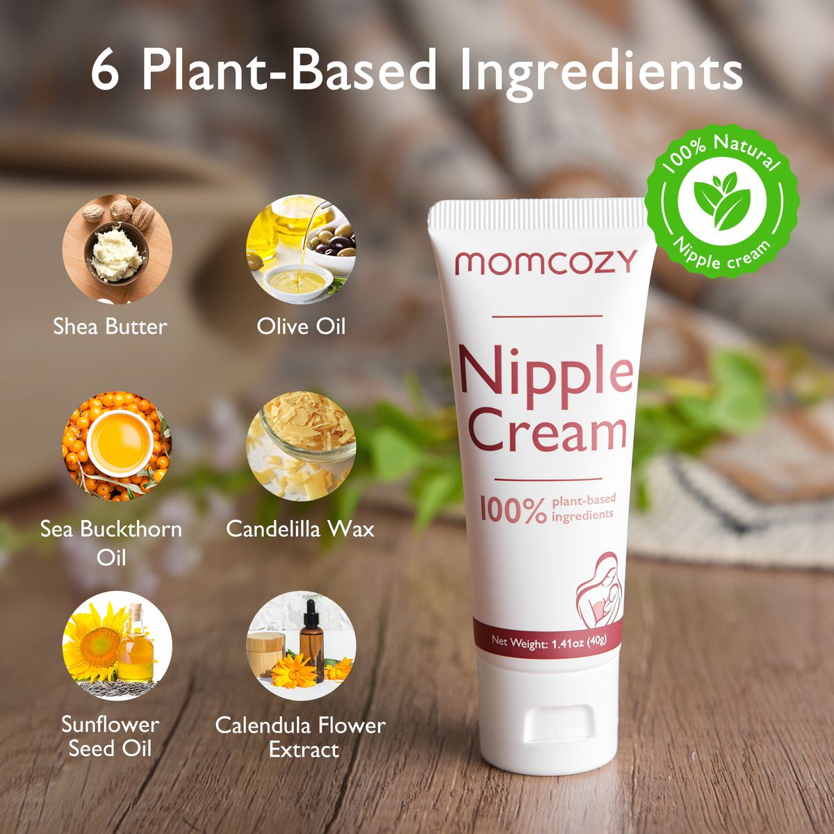 Momcozy Nipple Cream Tube mit 6 pflanzlichen Inhaltsstoffen. Shea Butter, Olivenöl, Sanddornöl, Candelillawachs, Sonnenblumenöl, Calendula-Extrakt.