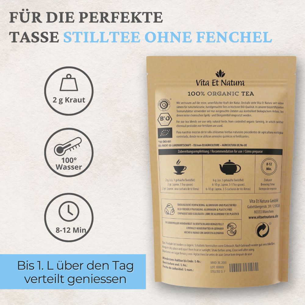 Rückseite der Stilltee-Packung. Angaben zur Zubereitung: 2 g Kraut, 100° Wasser, 8-12 Min. Ziehzeit. Aufdruck: 100% Organic Tea.