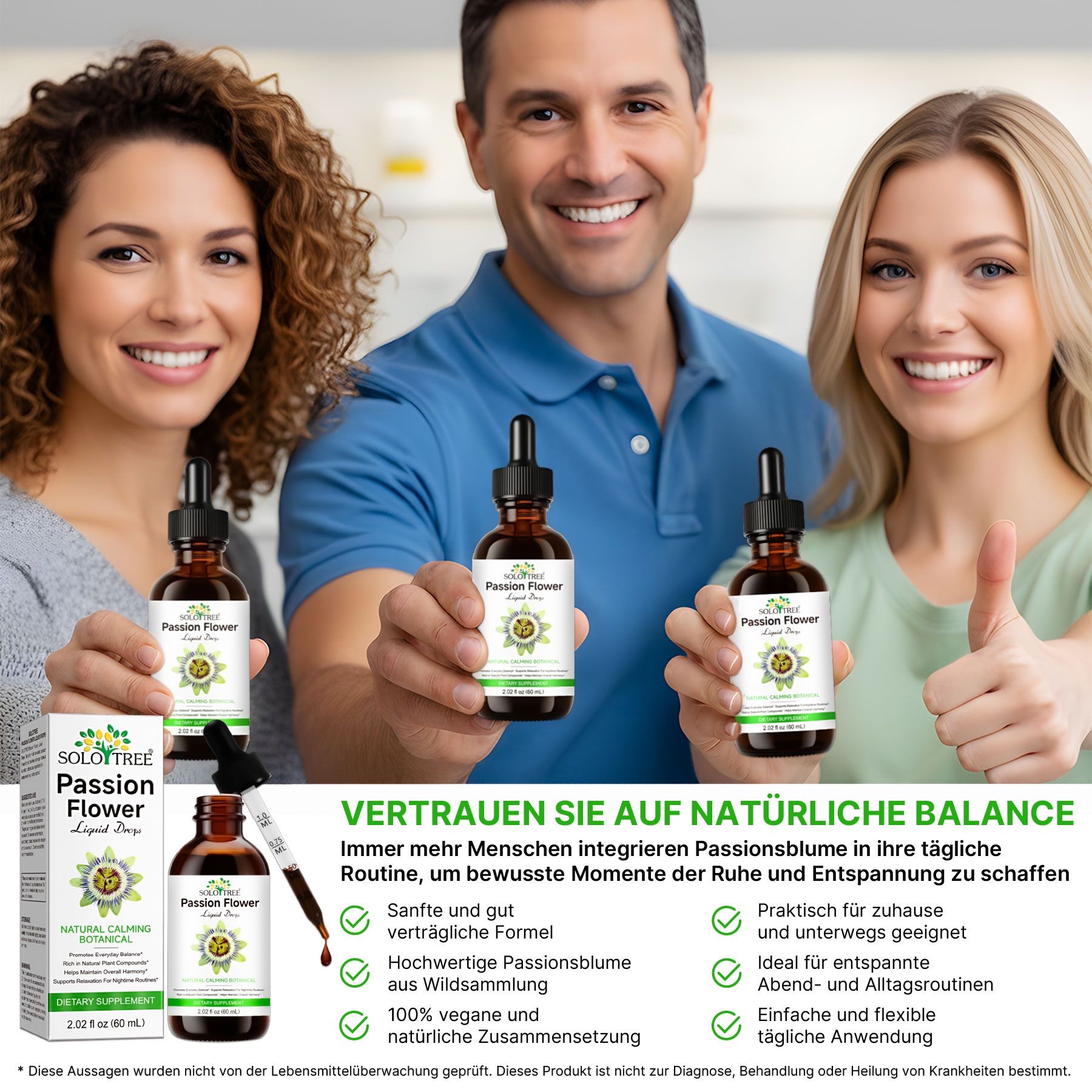 Drei lächelnde Personen halten Tropfflaschen mit Passionsblumen-Extrakt. Eine Flasche und ihre Verpackung sind links zu sehen.