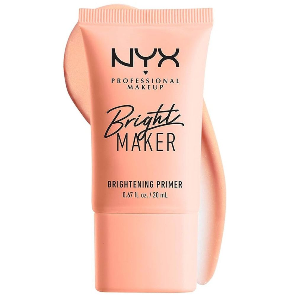 Tube Nyx Bright Maker Aufhellende Make-up-Base. Rosa Tube mit schwarzer Schrift. Produktname und Volumenangabe.