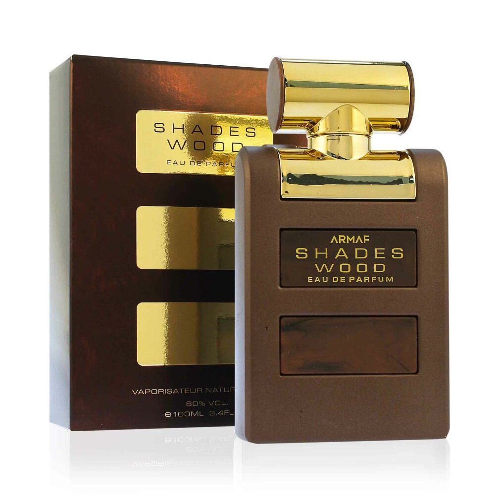 Parfümflasche und Verpackung. Braune Flasche mit goldenem Verschluss. Aufschrift: SHADES WOOD. Verpackung mit goldenen Rechtecken.