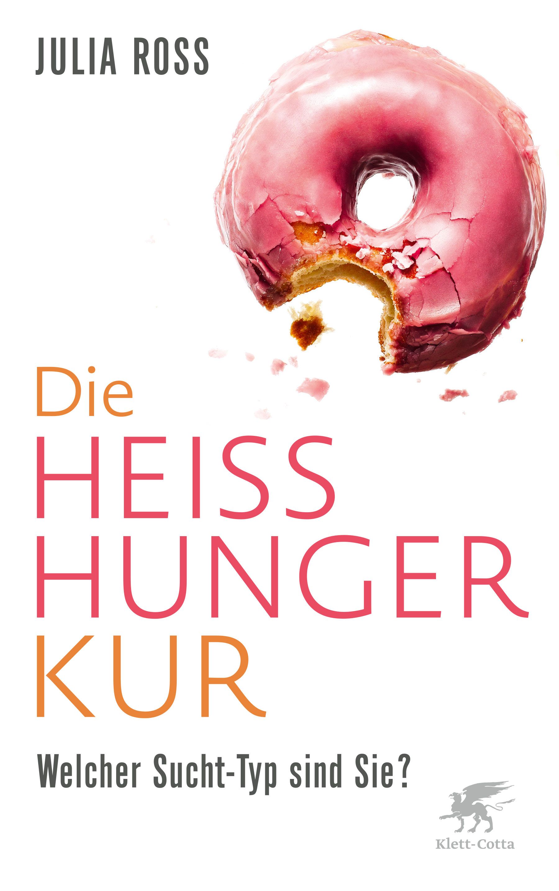Buchcover mit rosa Donut und Titel: Die Heißhunger-Kur. Autorin: Julia Ross. Verlag: Klett-Cotta. Text: Welcher Sucht-Typ sind Sie?