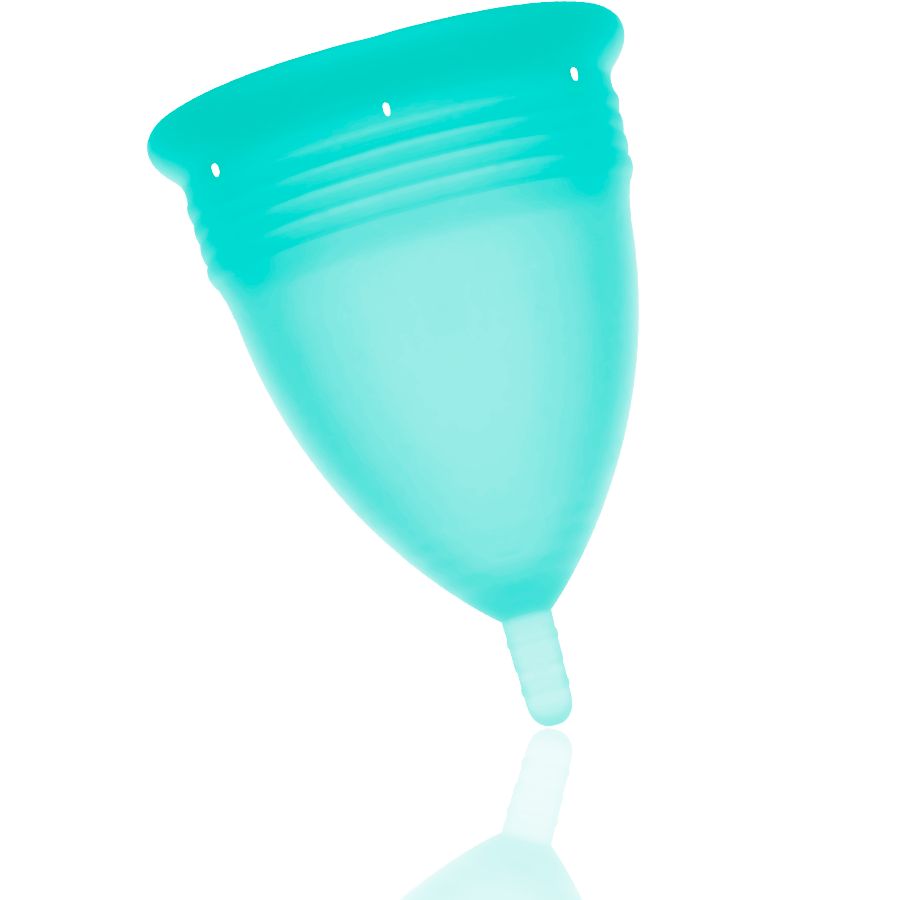 Türkisfarbene Menstruationstasse aus Silikon. Konische Form mit abgerundeter Öffnung, Rillen und drei Löchern. Mit Stiel.