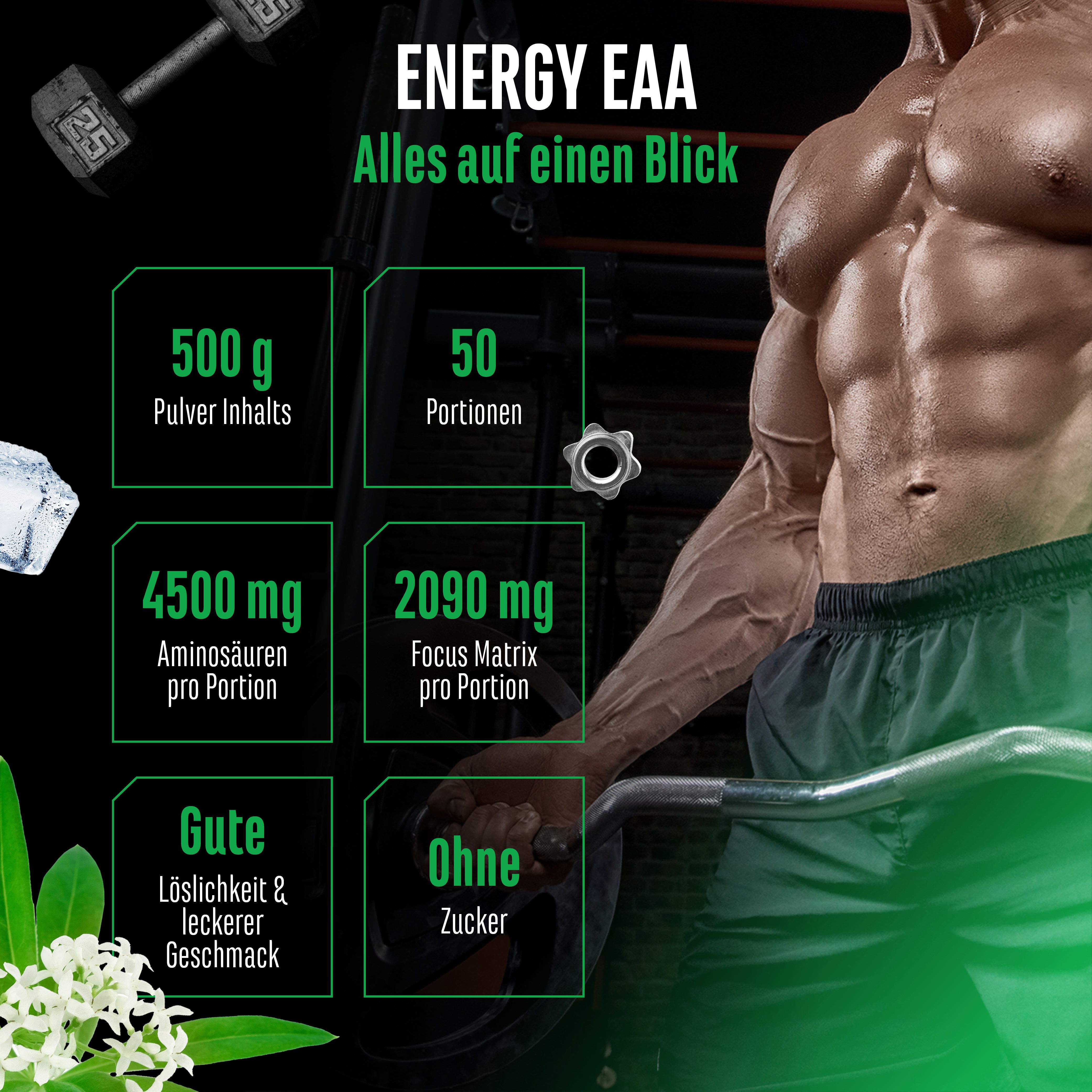 Infografik mit Informationen zu Energy EAA. Enthält 500g Pulver, 50 Portionen, 4500mg Aminosäuren, 2090mg Focus Matrix.