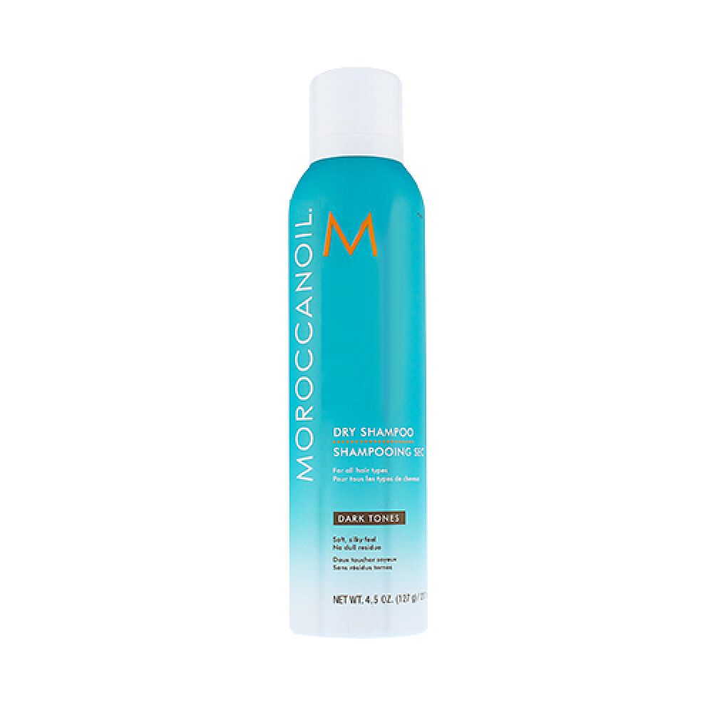 Türkisblaue Sprühflasche mit weißem Deckel. Aufschrift: Moroccanoil, Dry Shampoo, Dark Tones. Inhalt: 127 g.
