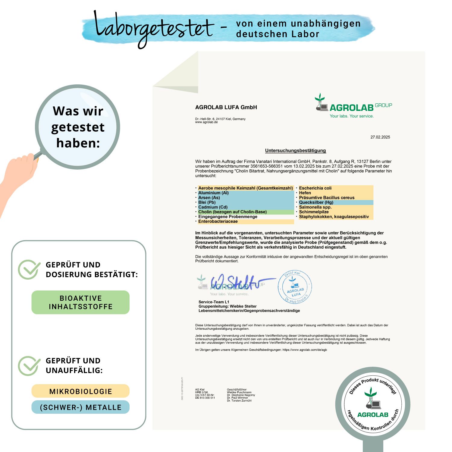 Zertifikat von AGROLAB LUFA GmbH. Text: Geprüft und Dosierung bestätigt: Bioaktive Inhaltsstoffe. Geprüft und unauffällig: Mikrobiologie (Schwer-)Metalle.