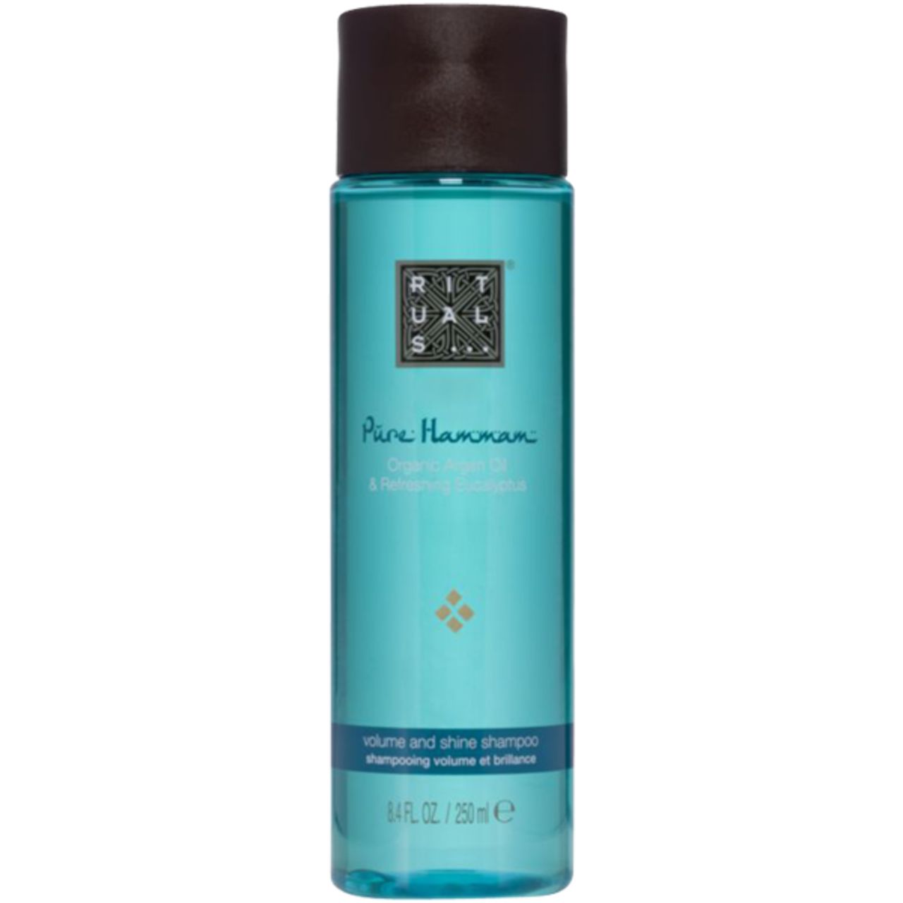 Türkisgrüne Flasche mit braunem Deckel. Text: Rituals, Pure Hammam, Volume and Shine Shampoo.