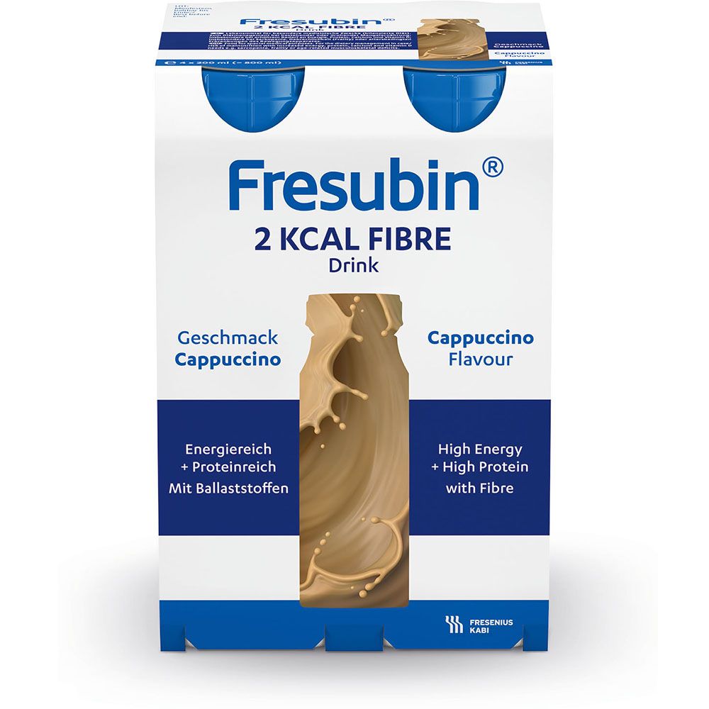 Karton mit zwei Flaschen. Aufschrift: Fresubin 2 kcal Fibre Drink Cappuccino. Geschmack Cappuccino. Energie- und proteinreich. Mit Ballaststoffen.