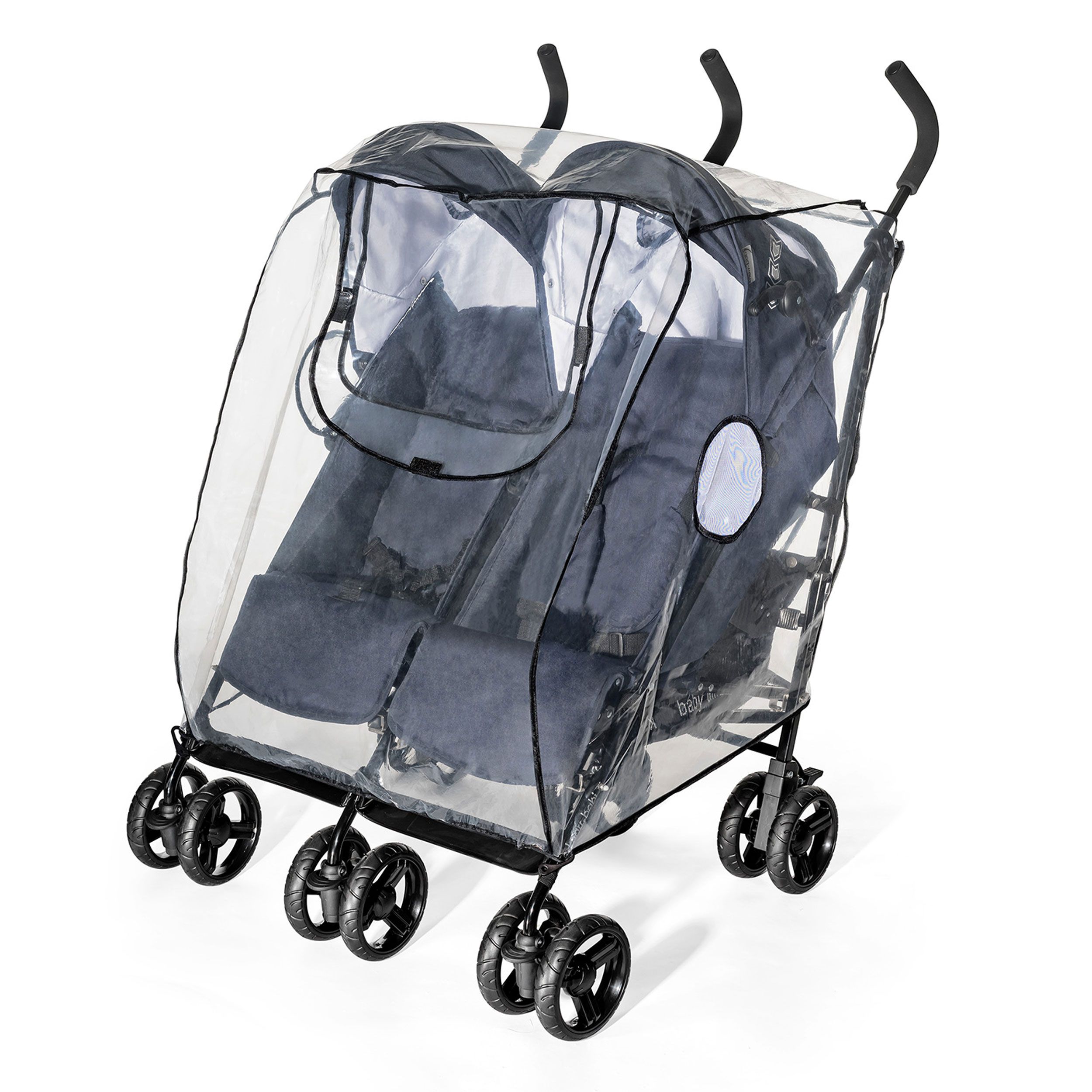 Zwillingskinderwagen mit Regenschutz. Transparente Abdeckung, schwarzer Rahmen.