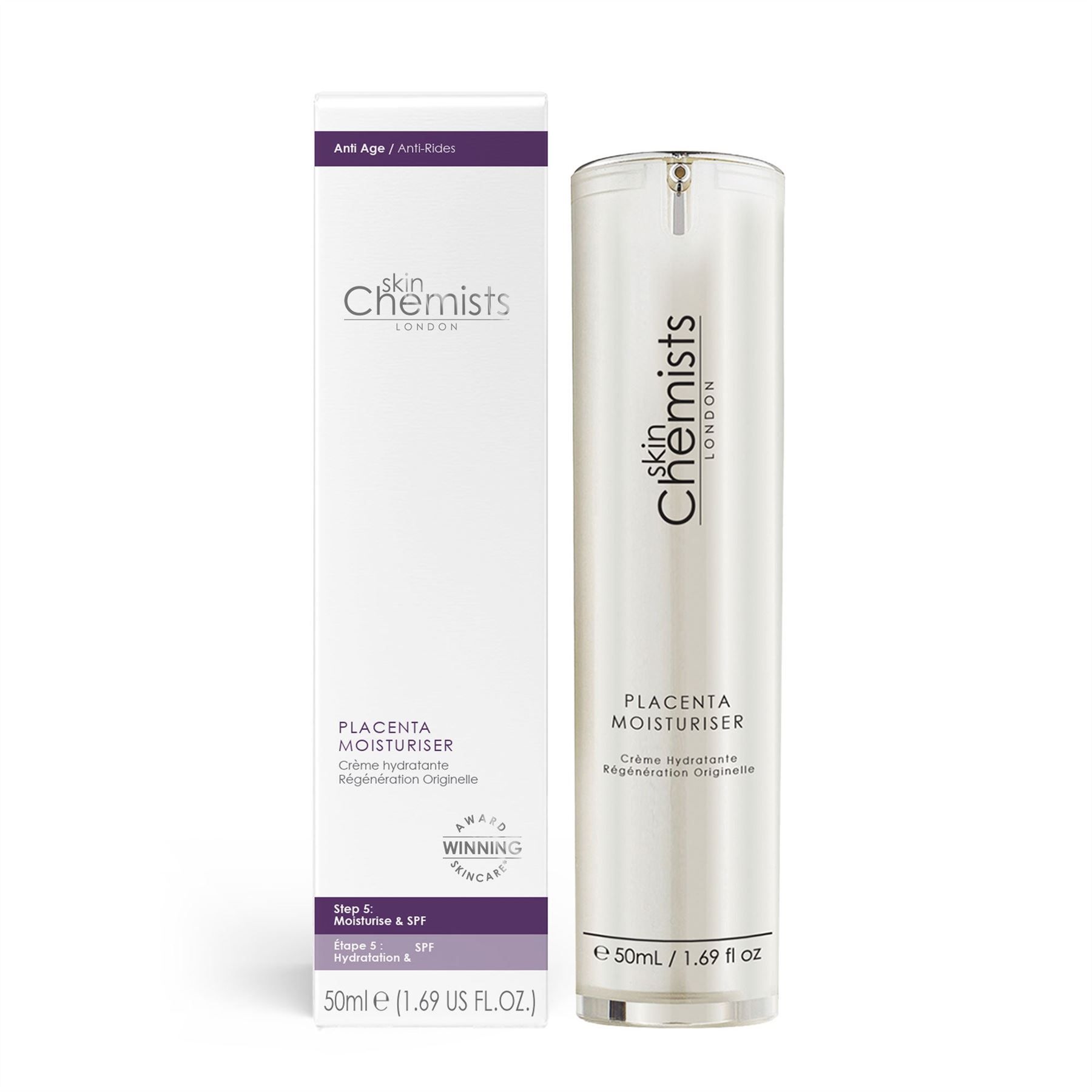 Skin Chemists Anti-Aging-Plazenta-Feuchtigkeitscreme in einem silbernen Pumpspender mit Umverpackung.